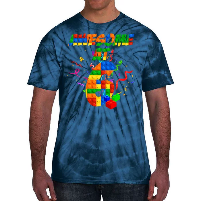 Awesome At 6 Cute Birthday Building Blocks Tie-Dye T-Shirt