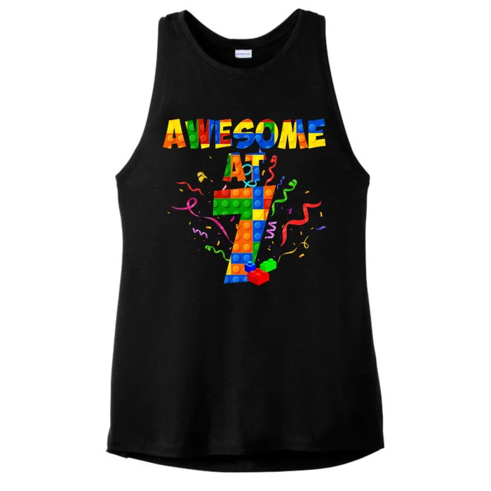 Awesome At 7 Cute Birthday Building Blocks Ladies Tri-Blend Wicking Tank