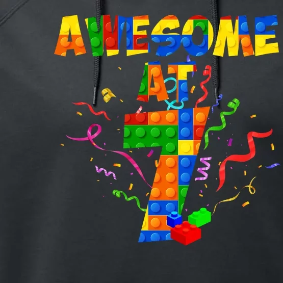 Awesome At 7 Cute Birthday Building Blocks Performance Fleece Hoodie