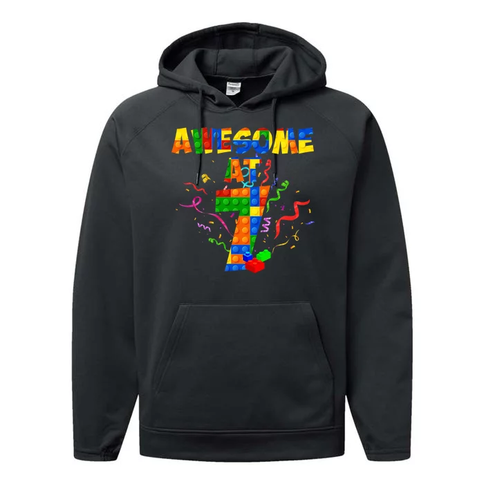 Awesome At 7 Cute Birthday Building Blocks Performance Fleece Hoodie