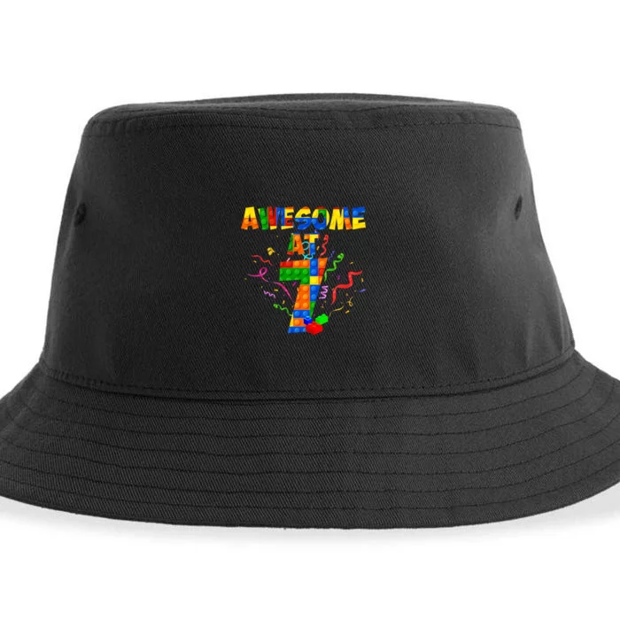 Awesome At 7 Cute Birthday Building Blocks Sustainable Bucket Hat