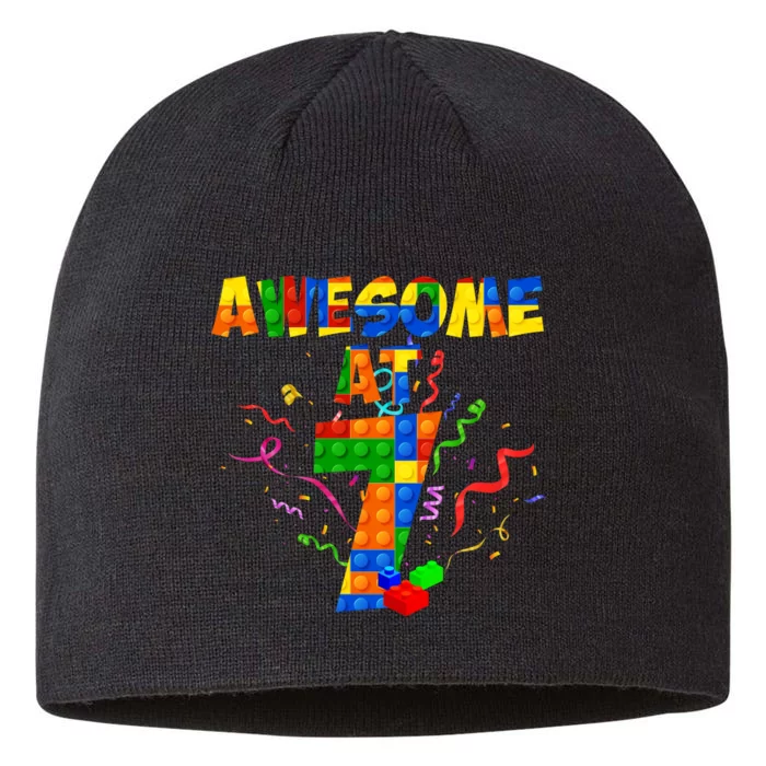 Awesome At 7 Cute Birthday Building Blocks 8 1/2in Sustainable Knit Beanie