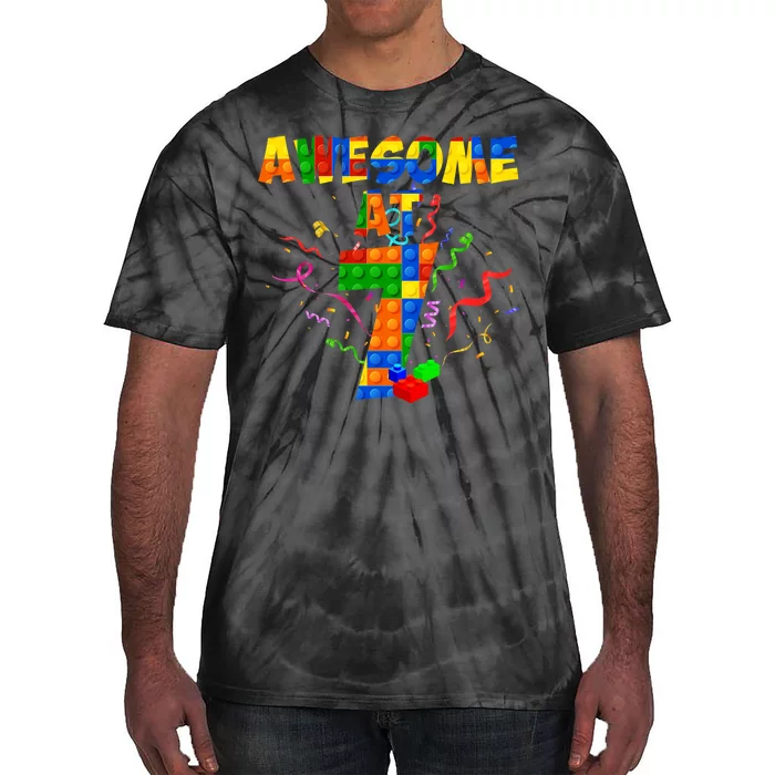 Awesome At 7 Cute Birthday Building Blocks Tie-Dye T-Shirt