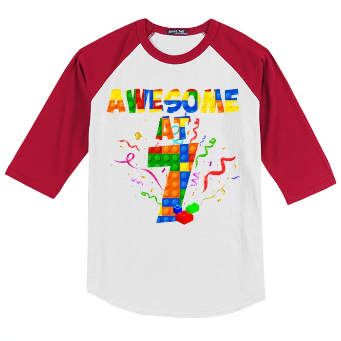 Awesome At 7 Cute Birthday Building Blocks Kids Colorblock Raglan Jersey