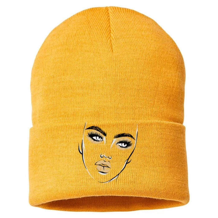 Abstract Woman Feminine Face Line Art Beauty Makeup Face Sustainable Knit Beanie