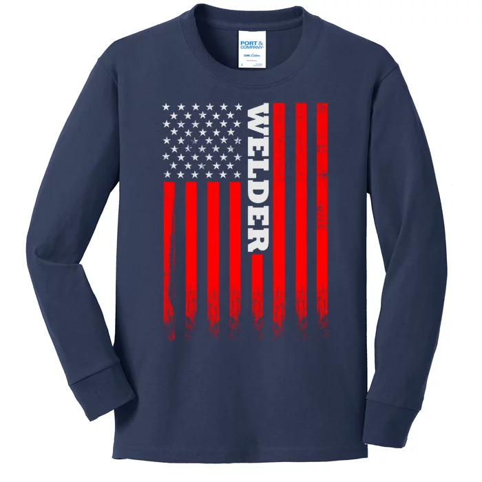 American Welder Flag Hoodie For Welding And Wo Back Kids Long Sleeve Shirt