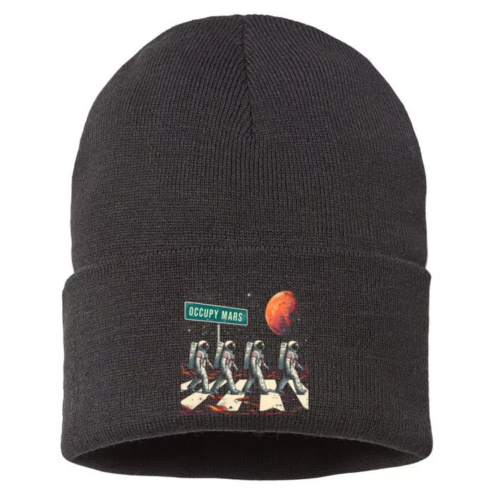 Astronauts Walking In Space Occupy Mars Sustainable Knit Beanie