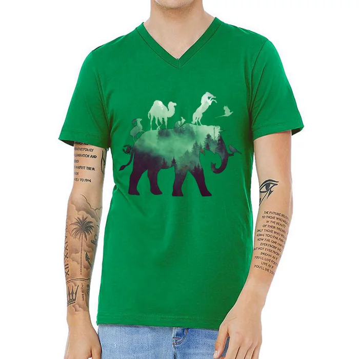 Animal Wild Life Forest Double Exposure V-Neck T-Shirt