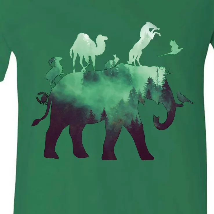 Animal Wild Life Forest Double Exposure V-Neck T-Shirt