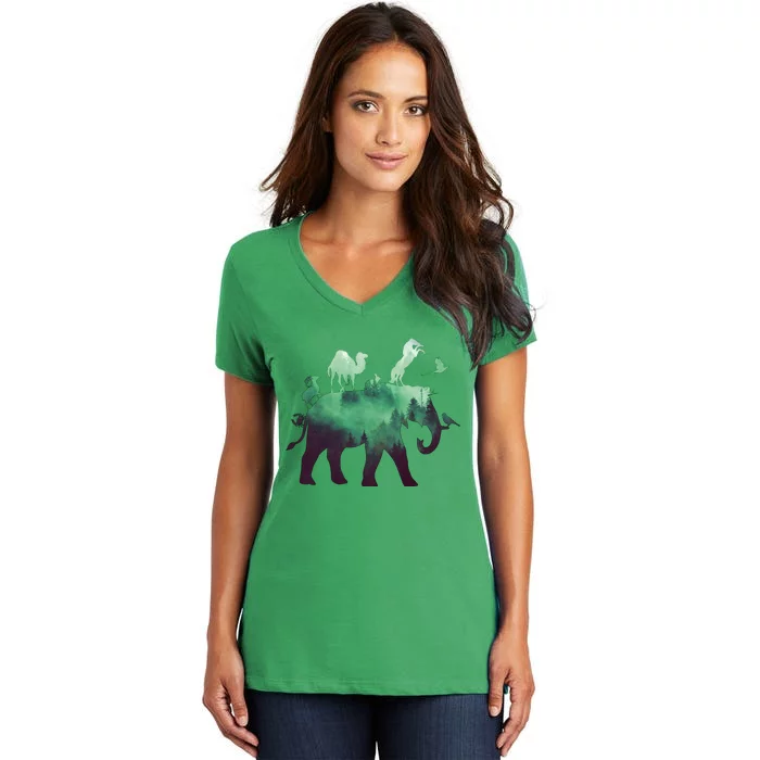 Animal Wild Life Forest Double Exposure Women's V-Neck T-Shirt