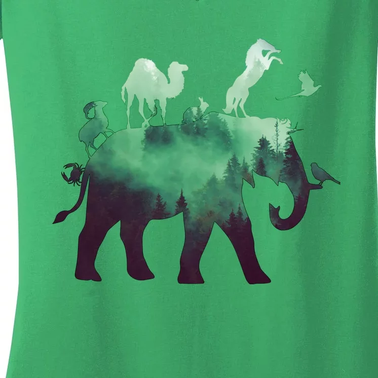 Animal Wild Life Forest Double Exposure Women's V-Neck T-Shirt