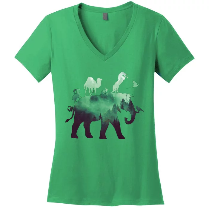 Animal Wild Life Forest Double Exposure Women's V-Neck T-Shirt