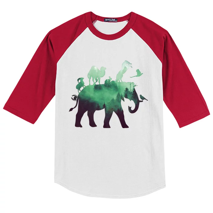 Animal Wild Life Forest Double Exposure Kids Colorblock Raglan Jersey