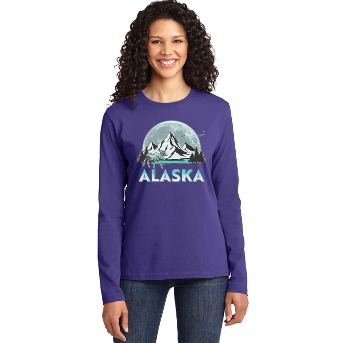 Alaska Wilderness Moose Moon Ladies Long Sleeve Shirt