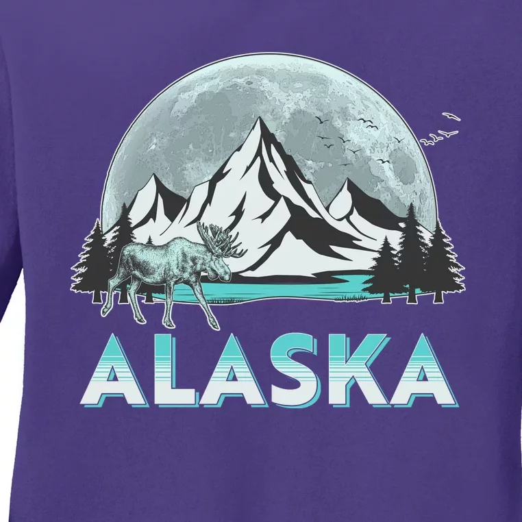 Alaska Wilderness Moose Moon Ladies Long Sleeve Shirt