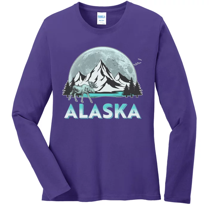 Alaska Wilderness Moose Moon Ladies Long Sleeve Shirt