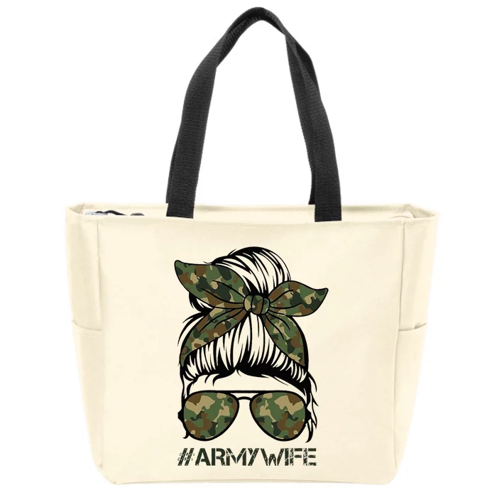 Army Wife Messy Bun Veteran Camouflage Bandana Sunglasses Zip Tote Bag