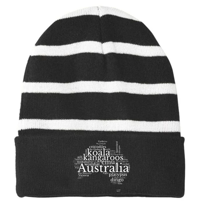 Australia Word Map Kangaroos Koala Wombat Emu Dingo Striped Beanie with Solid Band