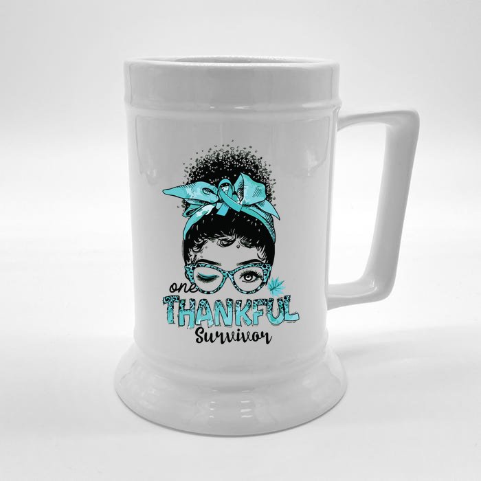 Afro Women Ovarian Cancer Awareness One Thankful Survivor Front & Back Beer Stein