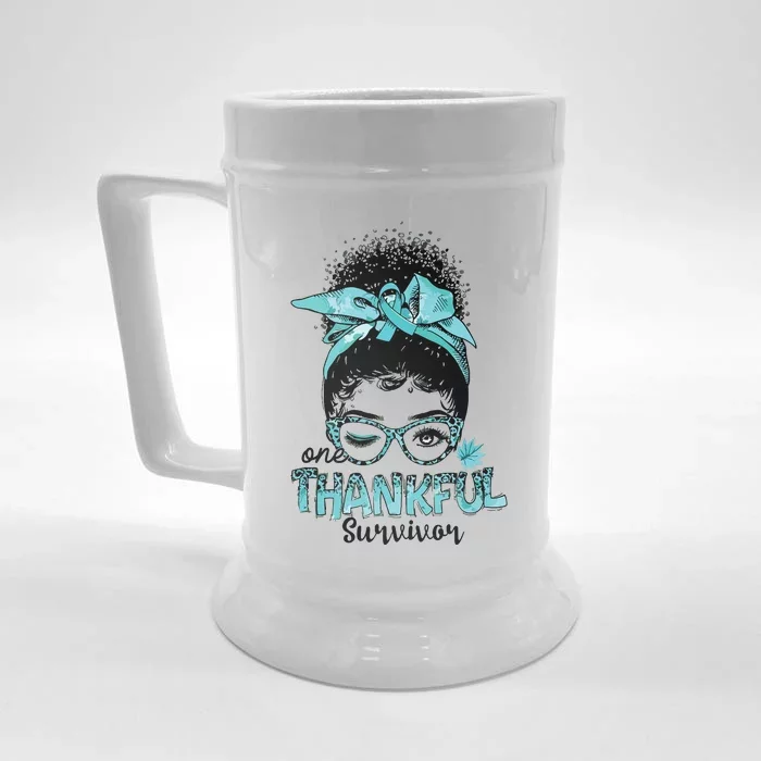 Afro Women Ovarian Cancer Awareness One Thankful Survivor Front & Back Beer Stein