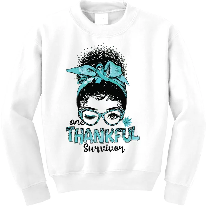 Afro Women Ovarian Cancer Awareness One Thankful Survivor Kids Sweatshirt