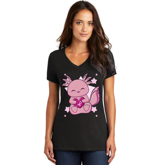 Axolotl With Pink Ribbon For Breast Cancer Awareness Women's V-Neck T-Shirt