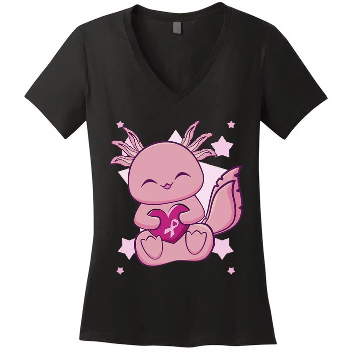 Axolotl With Pink Ribbon For Breast Cancer Awareness Women's V-Neck T-Shirt