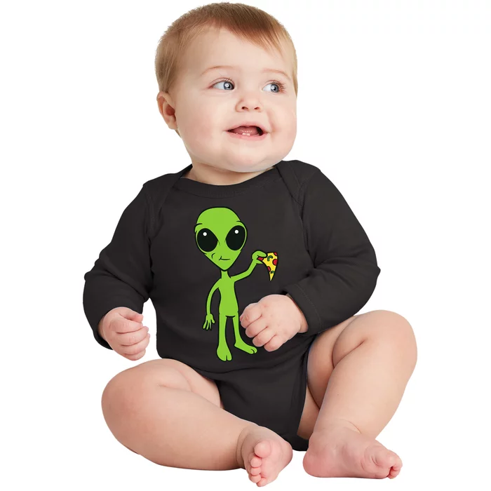 Alien With Pizza Slice Ufo Cute Alien Eating Pizza Baby Long Sleeve Bodysuit