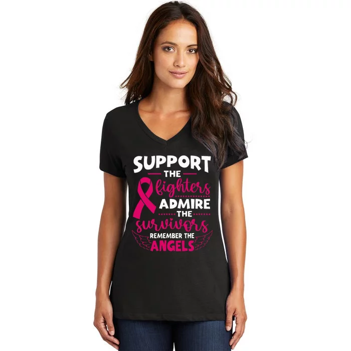 Angel Wing Support The Fighters Breast Cancer Awareness Women's V-Neck T-Shirt