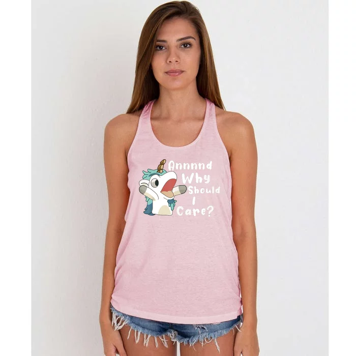 And Why Should I Care Funny Sarcastic Unicorn Women's Knotted Racerback Tank