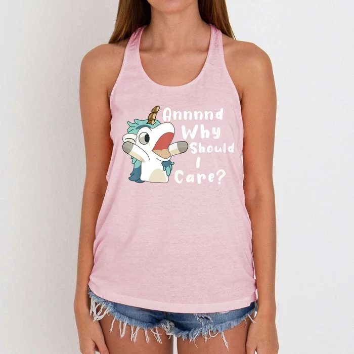 And Why Should I Care Funny Sarcastic Unicorn Women's Knotted Racerback Tank