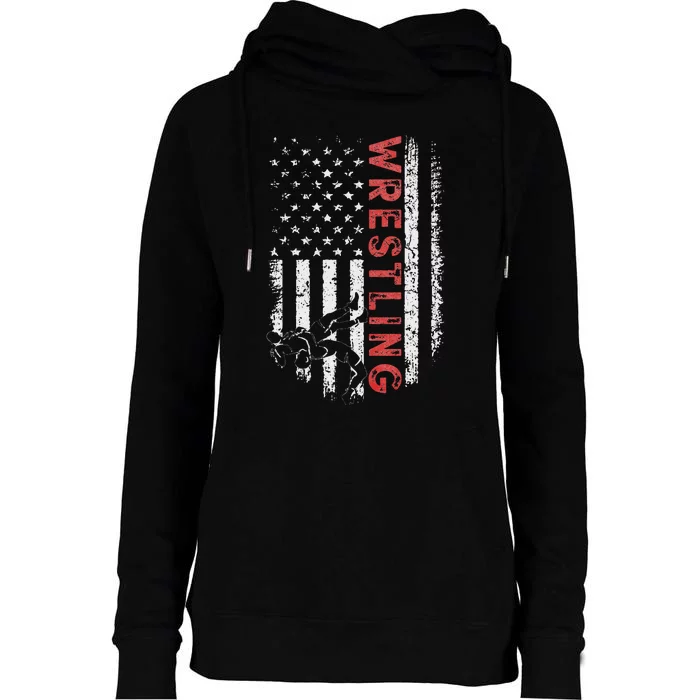 American Wrestling US Flag Wrestling For Wresters Womens Funnel Neck Pullover Hood