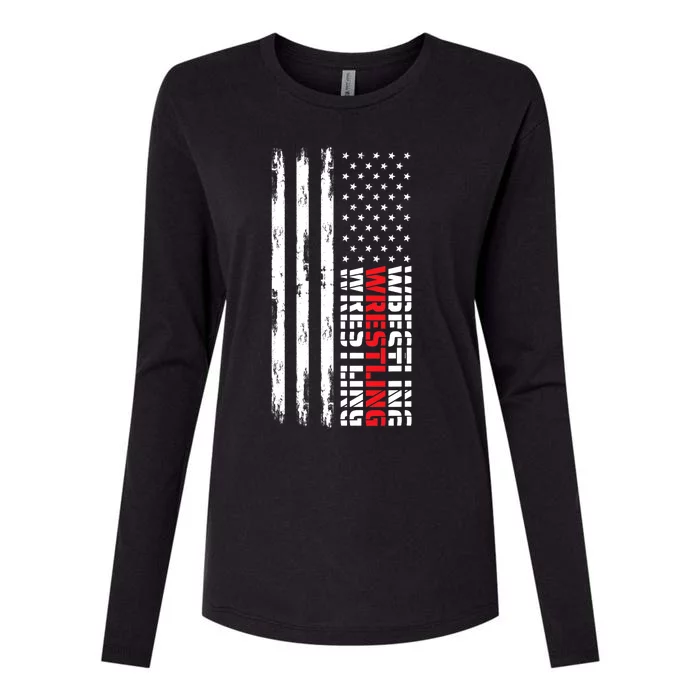 American Wrestling Vintage USA Flag Gifts For Wrestlers Womens Cotton Relaxed Long Sleeve T-Shirt