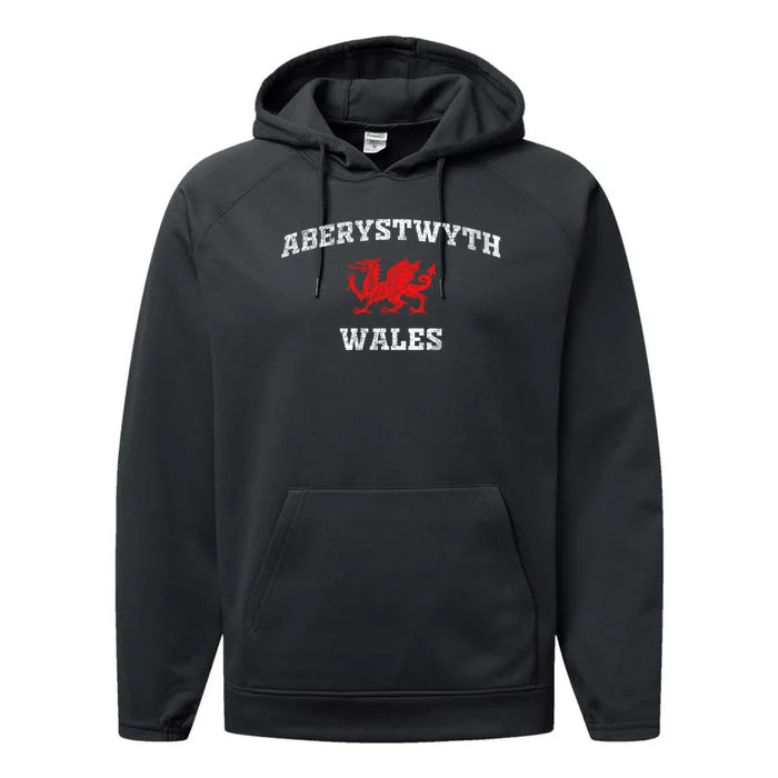 Aberystwyth Wales Welsh Dragon Flag Vintage Performance Fleece Hoodie