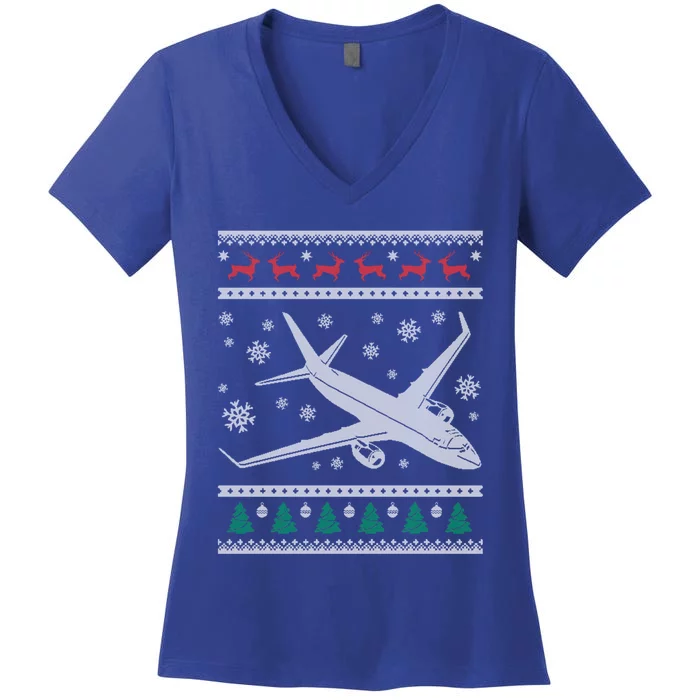 Airplane Xmas Jumbo Jet Ugly Christmas Great Gift Women's V-Neck T-Shirt