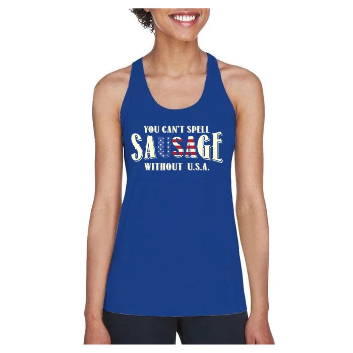 American You Cant Spell Sausage Without Usa Flag Funny Gift Women's Racerback Tank