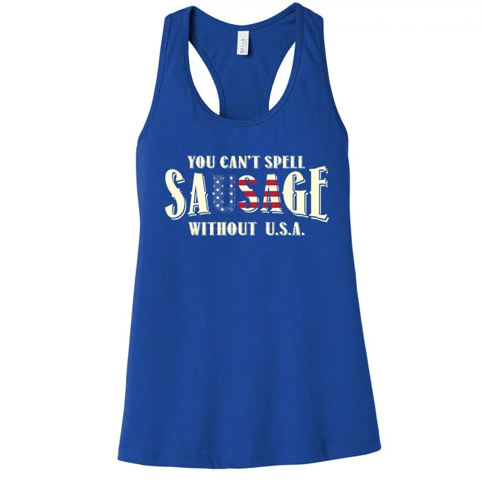 American You Cant Spell Sausage Without Usa Flag Funny Gift Women's Racerback Tank