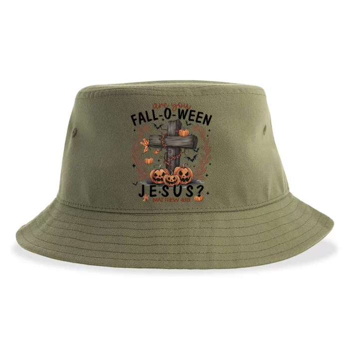 Are You Falloween Jesus Pumpkin Spooky Halloween Christian Gift Sustainable Bucket Hat