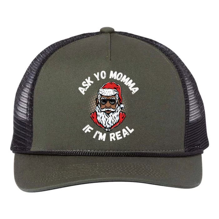 Ask Yo Momma If IM Real Funny African American Santa Black Retro Rope Trucker Hat Cap