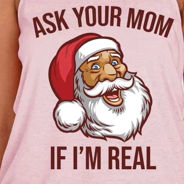 Ask Your Mom If I'm Real Funny Santa Women's Knotted Racerback Tank