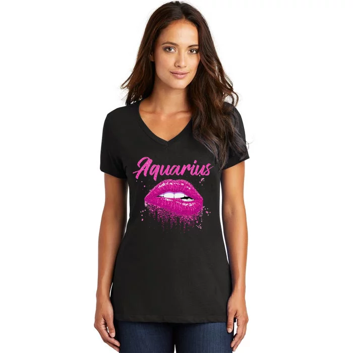 Aquarius Zodiac Birthday Pink Lips for Black Wo Women's V-Neck T-Shirt