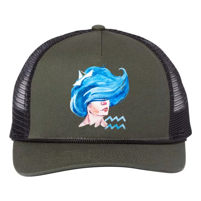 Aquarius Zodiac Sign Watercolor Illustration Retro Rope Trucker Hat Cap