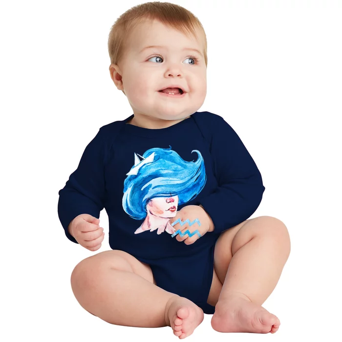 Aquarius Zodiac Sign Watercolor Illustration Baby Long Sleeve Bodysuit