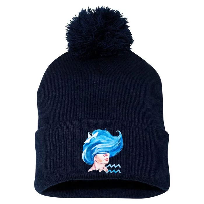 Aquarius Zodiac Sign Watercolor Illustration Pom Pom 12in Knit Beanie