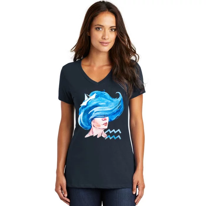 Aquarius Zodiac Sign Watercolor Illustration Women's V-Neck T-Shirt