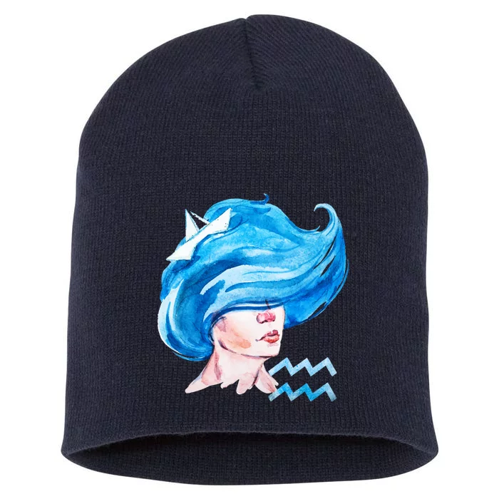 Aquarius Zodiac Sign Watercolor Illustration Short Acrylic Beanie