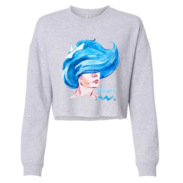 Aquarius Zodiac Sign Watercolor Illustration Cropped Pullover Crew