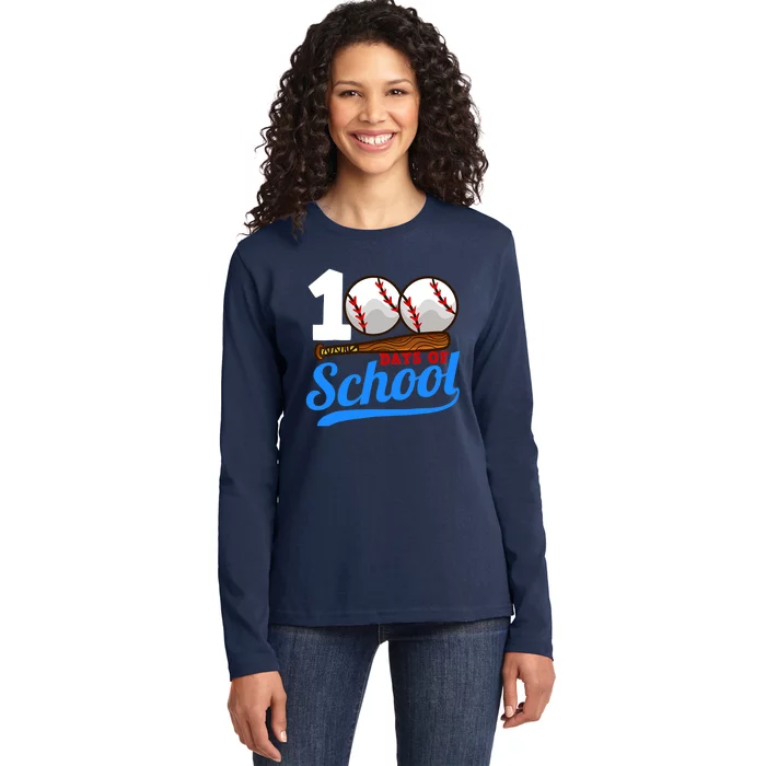 Baseball 100 Days of School Happy 100th Day Teacher Ladies Long Sleeve Shirt