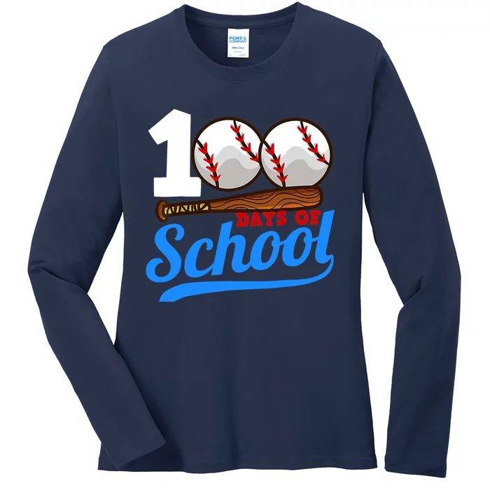 Baseball 100 Days of School Happy 100th Day Teacher Ladies Long Sleeve Shirt