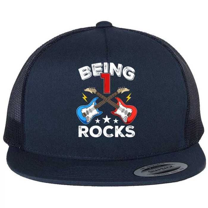 Being 1 Rocks Guitar One Year Old Funny 1st Birthday Flat Bill Trucker Hat